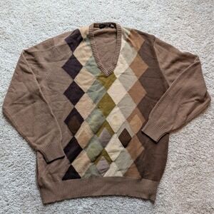 Claude Hill Sweater Mens 5L Brown Argyle V-Neck Lambswool Made in France Vintage